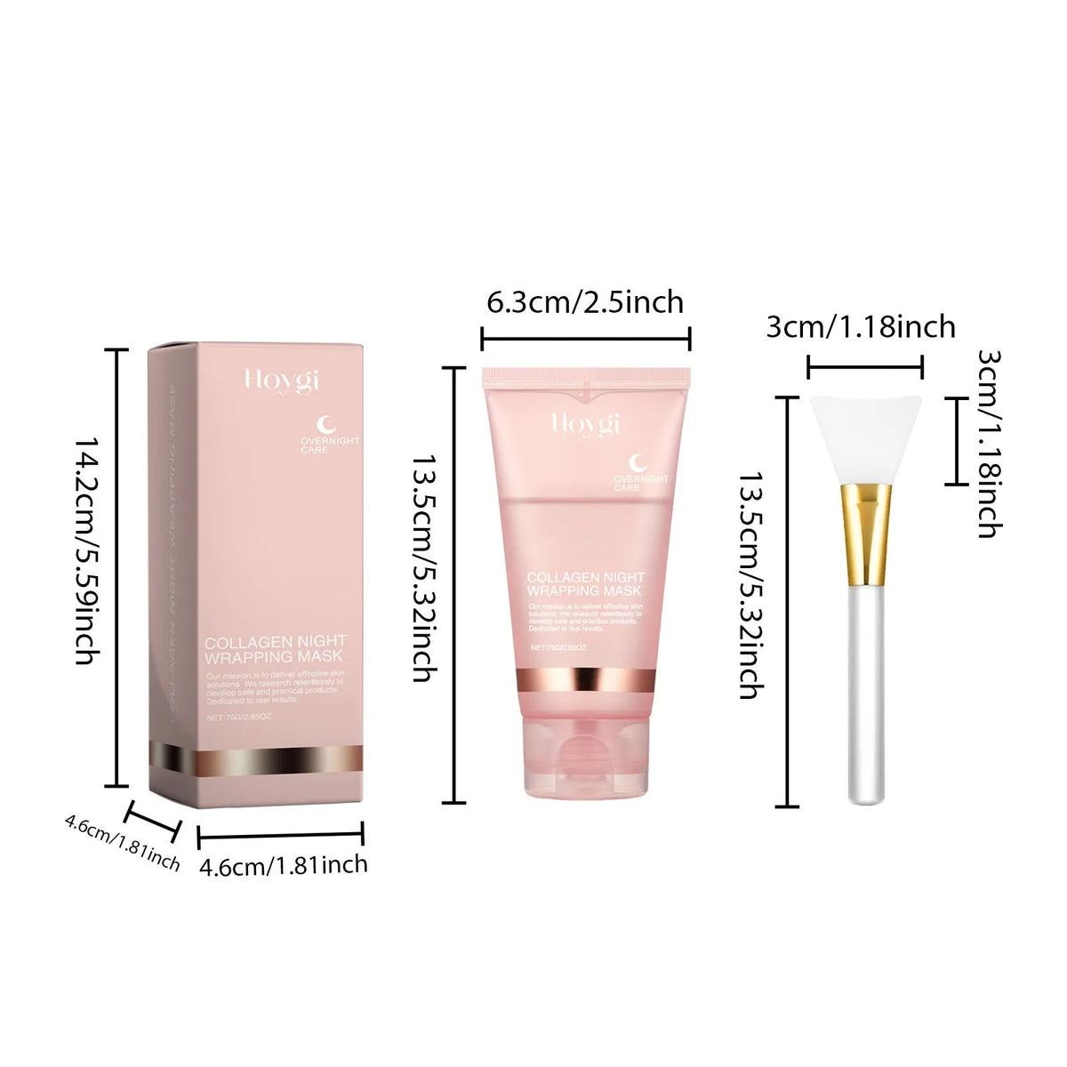 Collagen tear-off face mask 75g with brush, mask size 6.3cm by 13.5cm, brush 13.5cm by 3cm by 3cm