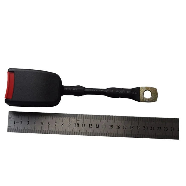 Car seat belt safety buckle with 20cm long steel wire lock for 21cm wide vehicle sockets.