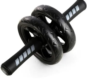 Healthy Helly black abdominal wheel roller with dual wheels and non-slip handles on a blue mat
