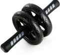 Healthy Helly black abdominal wheel roller with dual wheels and non-slip handles on a blue mat