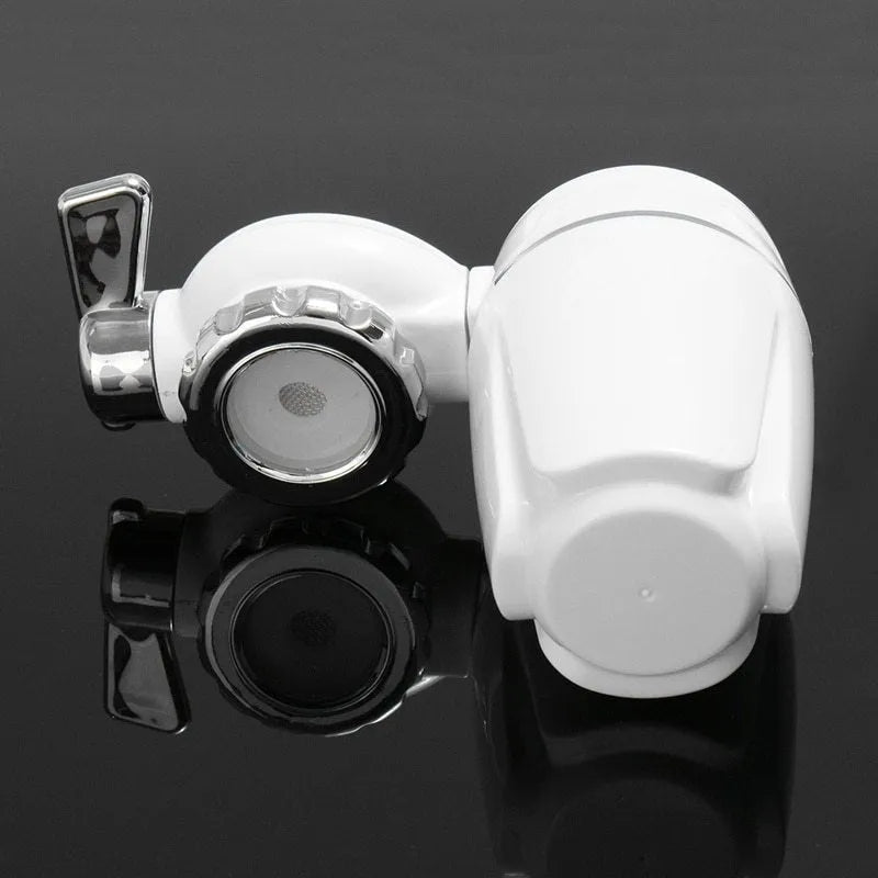 White kitchen faucet water filter with ceramic cartridge and universal thread adapters for tap mounting.