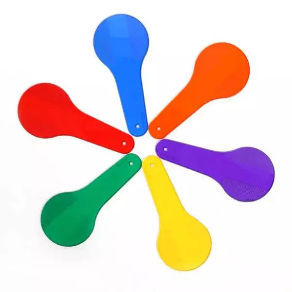 Six colourful PVC learning boards for children, showing red, yellow, blue, green, orange, and purple