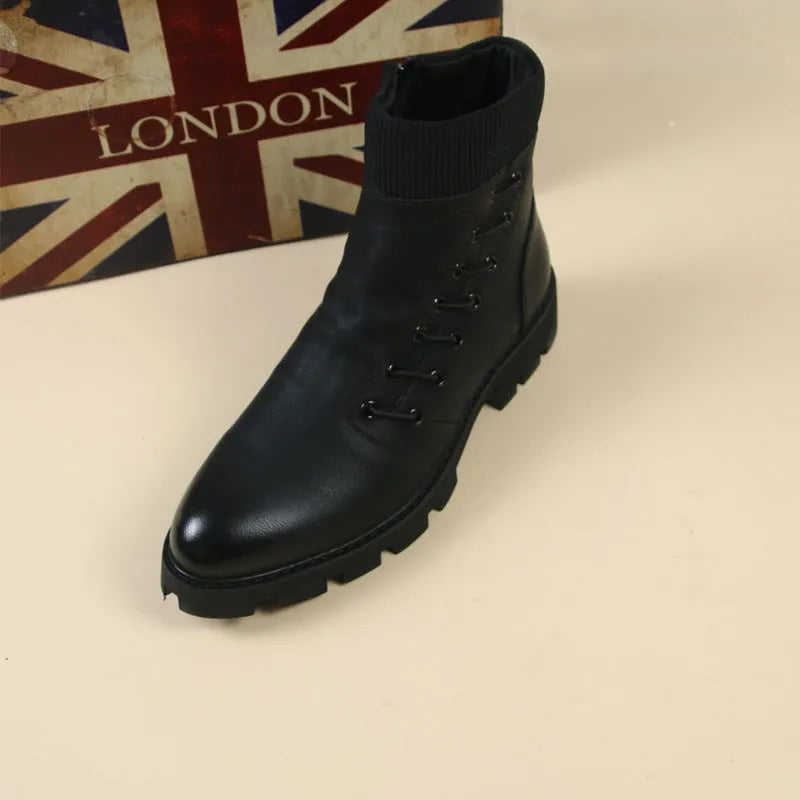 Men's black ankle boots with microfibre upper and rubber sole, heightening Korean style Martin boots, sizes 37-44