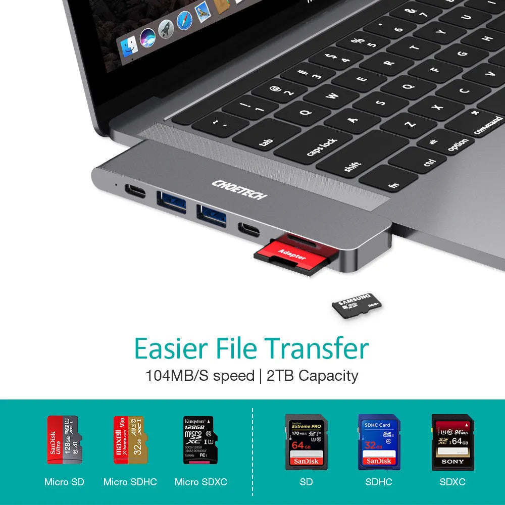 Aluminium USB C hub with seven ports including SD card reader, Thunderbolt 3, and 4K HDMI