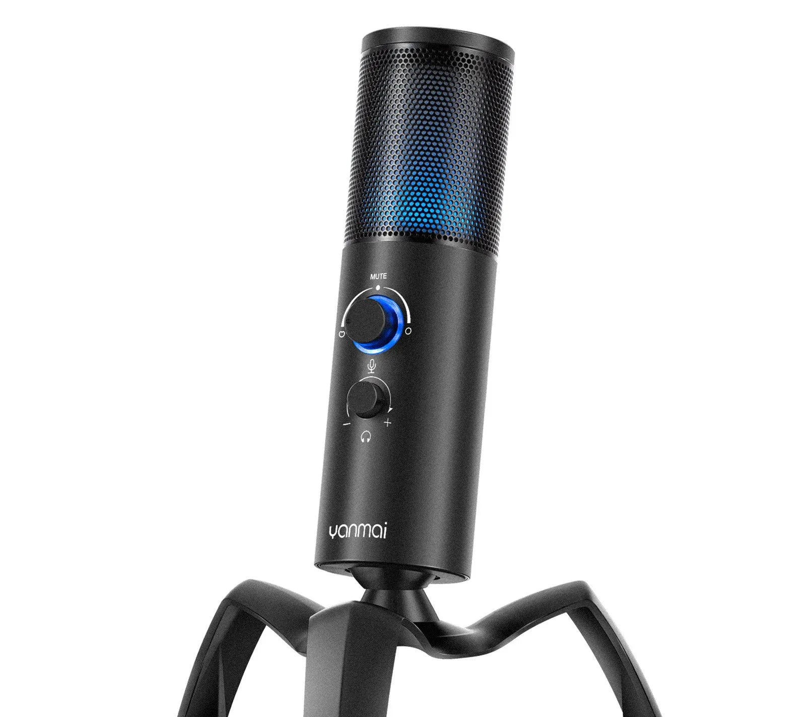 Black Q18 USB condenser microphone with RGB lights on a adjustable metal tripod stand.