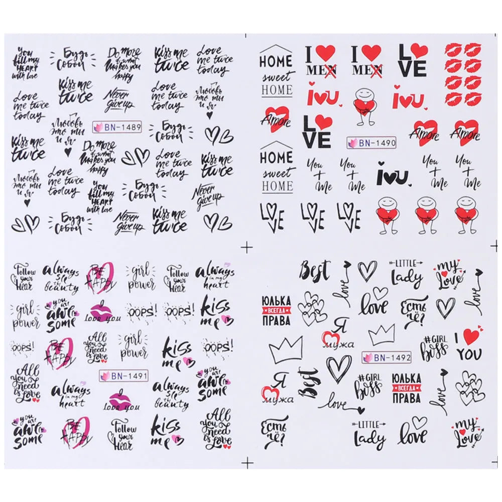 Love lip print letter nail sticker sheet measuring 16x25.5cm with black and red kiss designs