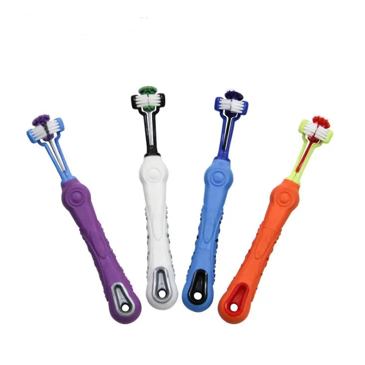Three sided pet toothbrush with PP and TPR handle and nylon bristles, 17.1cm, for dog and cat teeth care
