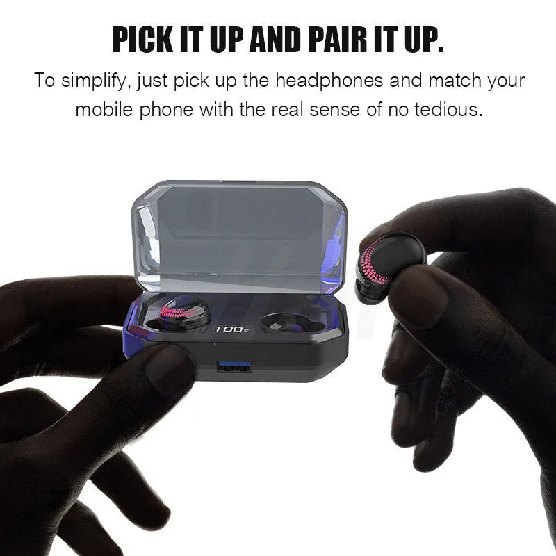 Black Bluetooth wireless earbuds with a matching charging case on a white background.