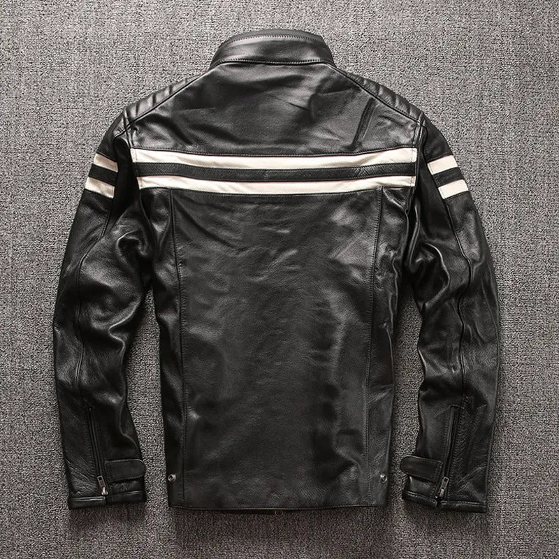 Black cowhide motorcycle leather jacket with stand-up collar and multiple front pockets, plain style, straight hem