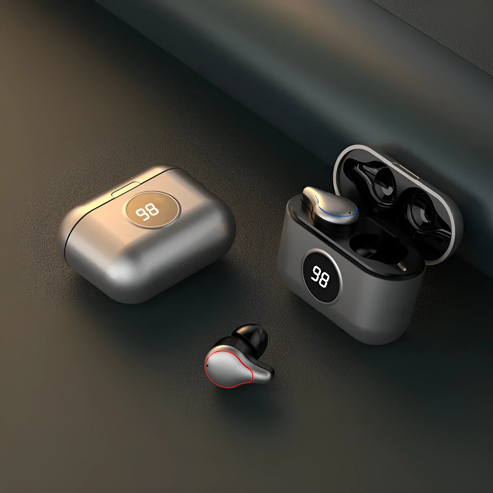 Black and blue in-ear Bluetooth wireless stereo earbuds for hands-free calling.