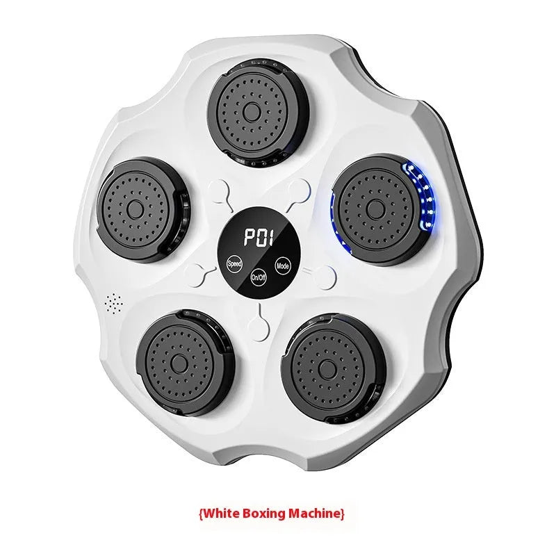 Black Bluetooth music-responsive boxing wall target hanging on a wall with included punching gloves.