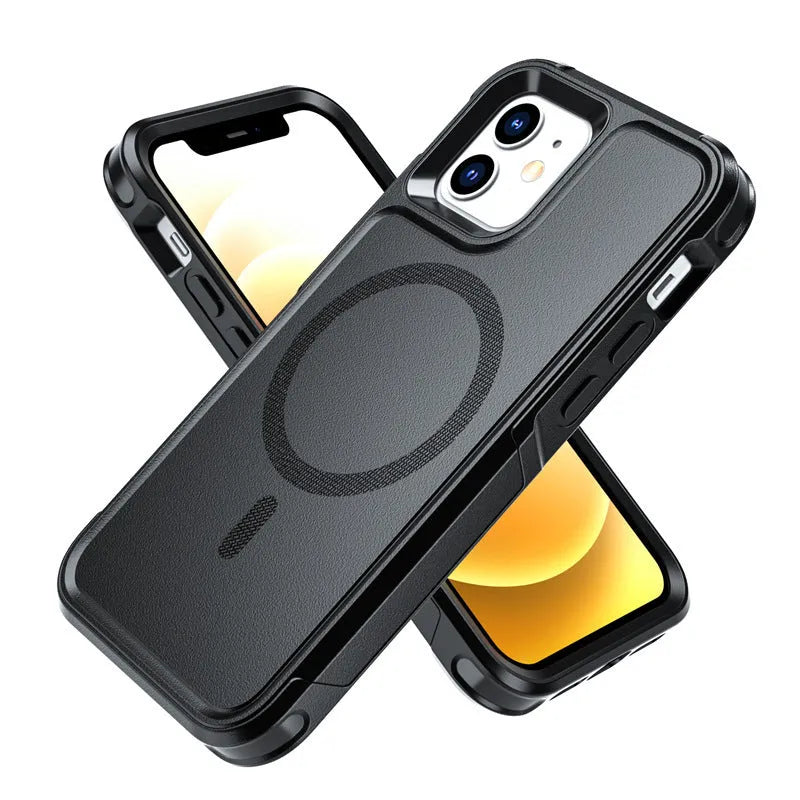 Black shatterproof magnetic phone case for iPhone 12 and 13 series on a table