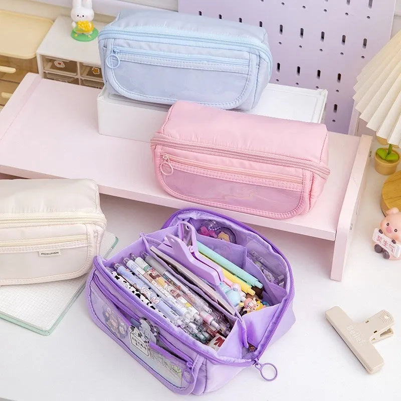 Korean-style canvas pencil case with ten flip-open layers in various colours.