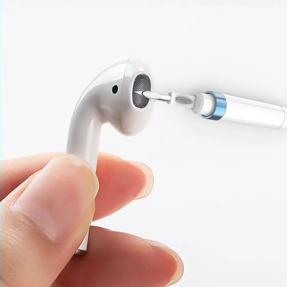 Blue headphone cleaning pen with metal nib, flocking sponge and long fine brush, 14 cm long
