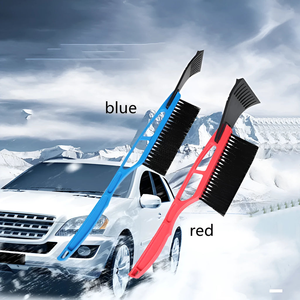 Blue hard plastic car snow shovel with nylon brush, 52 cm, on a windscreen with snow