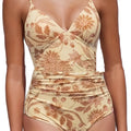 One-piece V-neck push-up swimsuit with belly-contracting front and high waist, skin colour