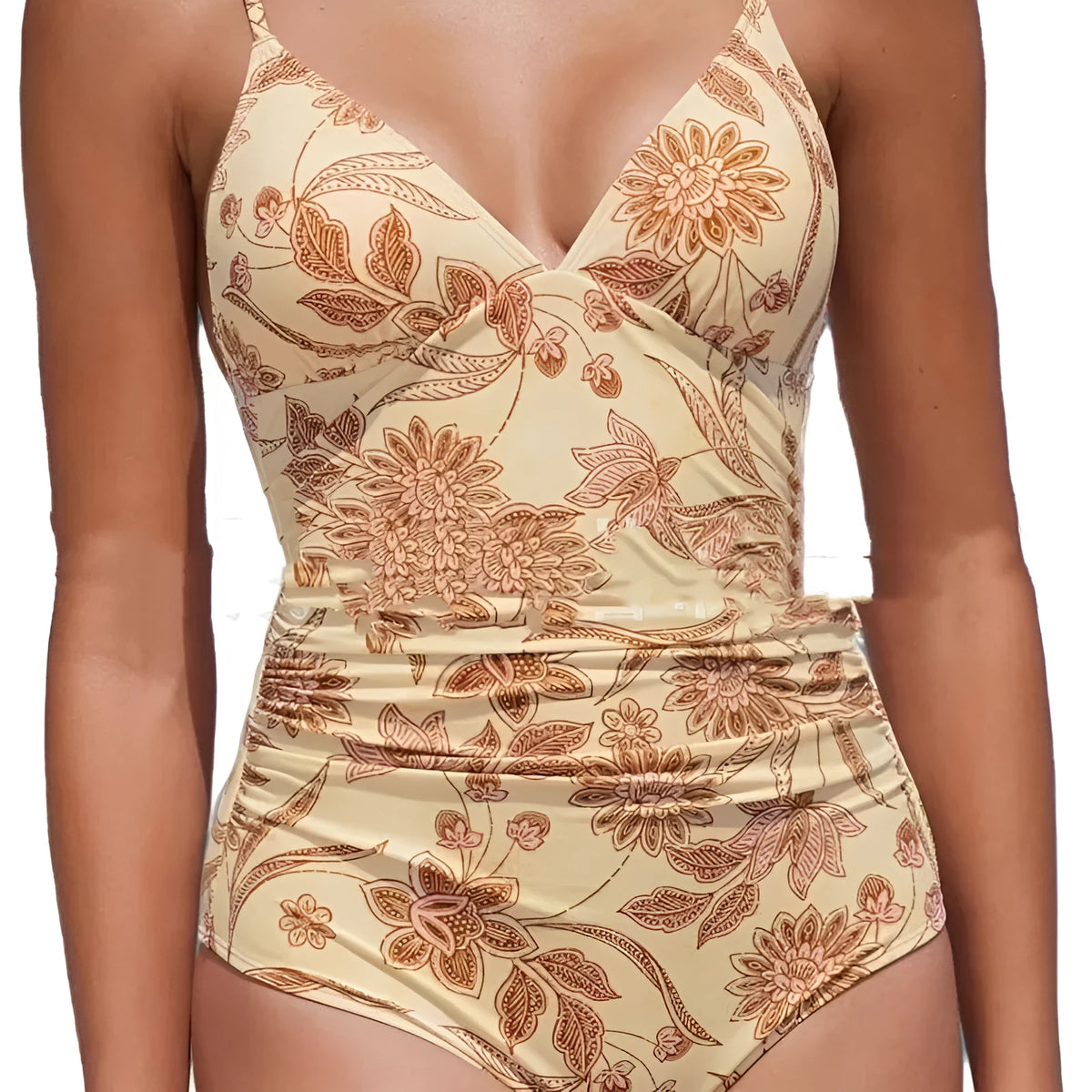 One-piece V-neck push-up swimsuit with belly-contracting front and high waist, skin colour