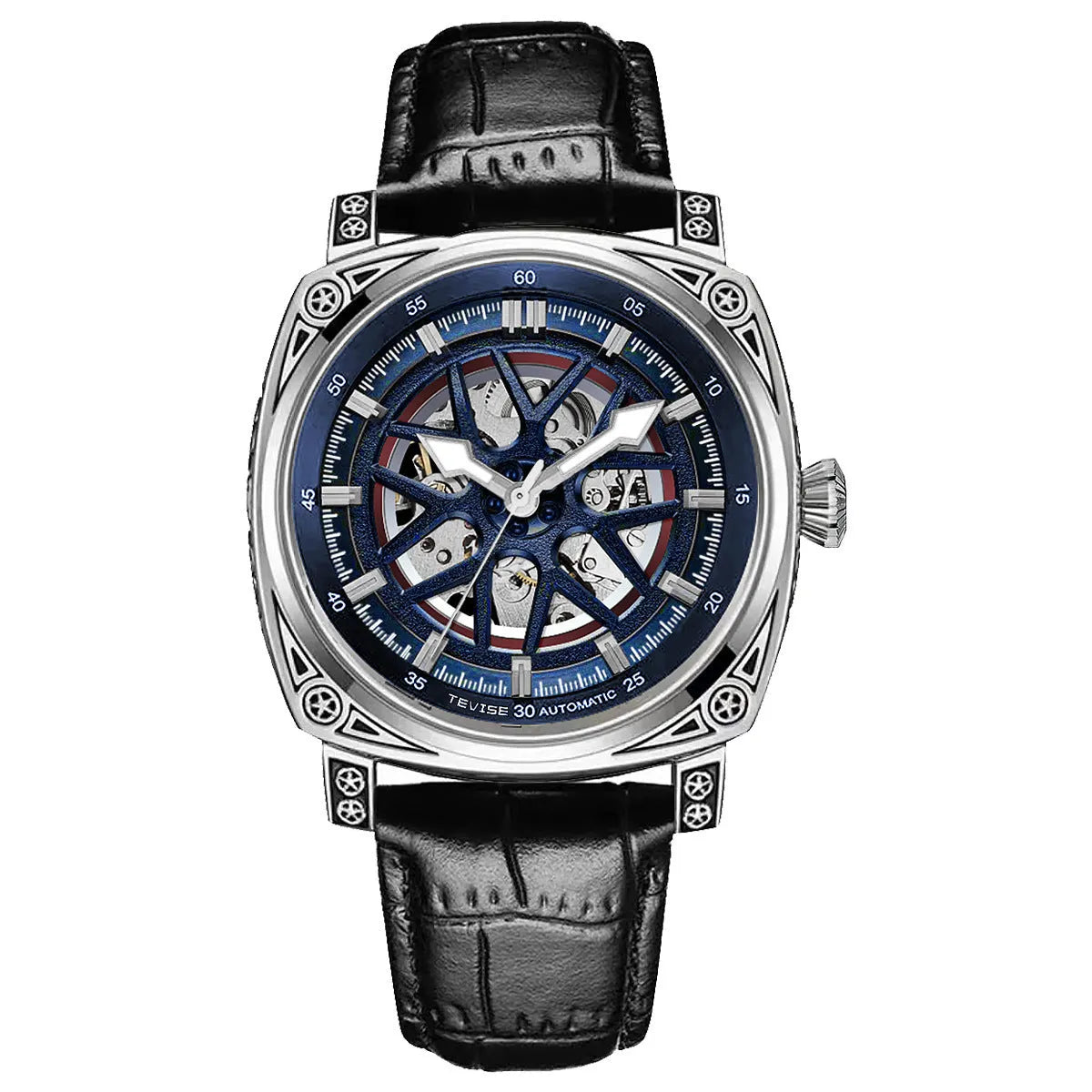 Men's automatic mechanical watch with stainless steel case and blue leather strap.