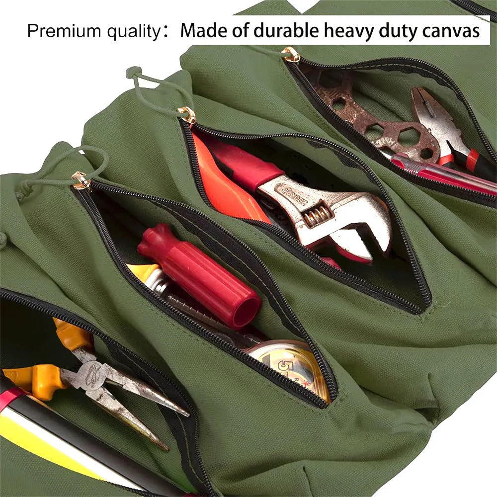 Multi-purpose roll up tool bag in Oxford cloth with 40KG weight bearing, shown in khaki, army green or black