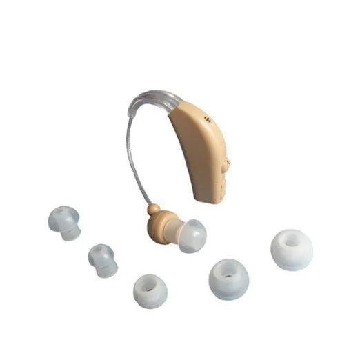 Rechargeable behind-the-ear digital hearing aid amplifier in skin-tone plastic.