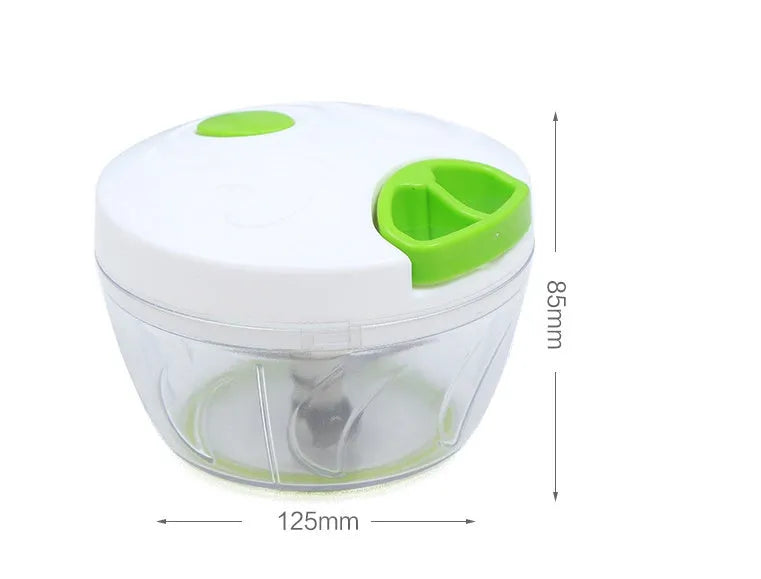 Green manual kitchen chopper and meat grinder with three blades, showing 500ml capacity.