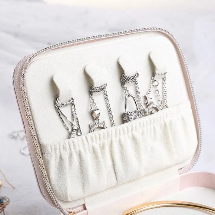 Portable PU leather jewellery box with three-layer storage in blue colour