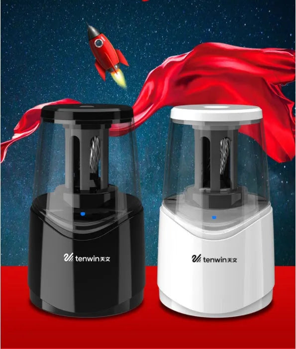 Electric pencil sharpener with plastic body, USB option, 467g, in black, white, pink, or blue