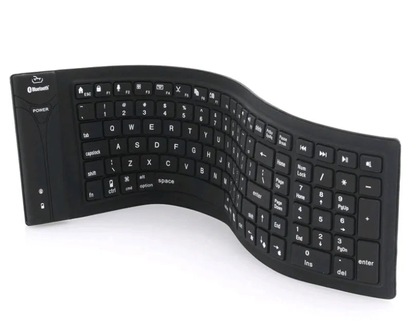 Black foldable silicone Bluetooth keyboard with 108 keys, 360 x 105 x 8 mm, IP67 waterproof, USB charging.