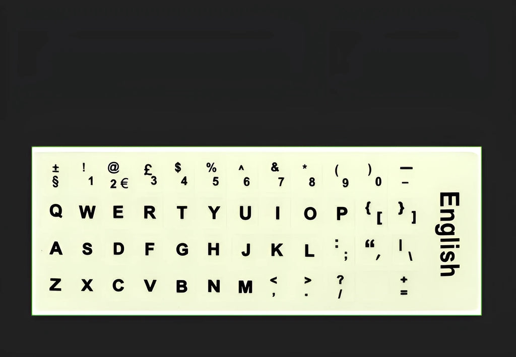 Yellow glowing PVC keyboard stickers with Arabic, Thai, Hebrew, French, Italian, and German language characters