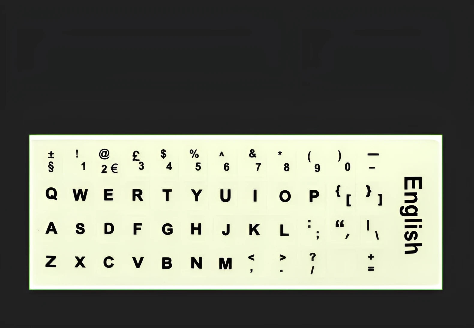 Yellow glowing PVC keyboard stickers with Arabic, Thai, Hebrew, French, Italian, and German language characters