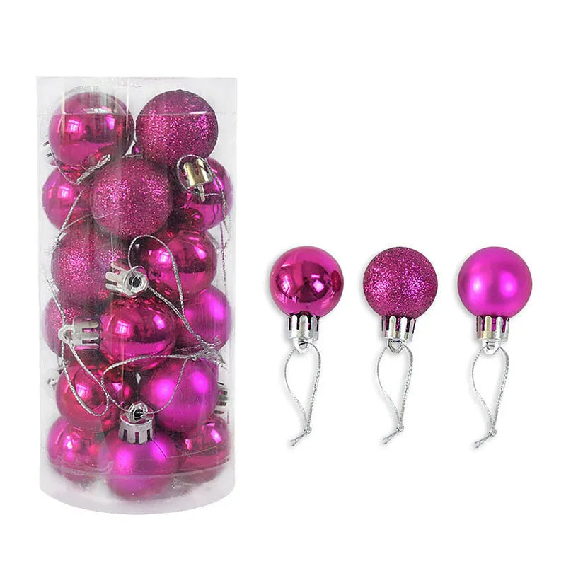 Assortment of 3cm diameter shiny matte plastic Christmas baubles in gold, red, silver, blue, and pink colours.