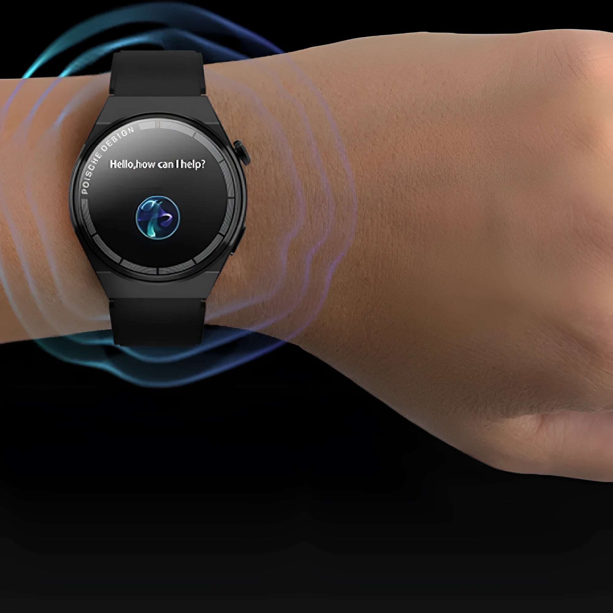 A circular black smartwatch with a silicone strap displaying a home screen on its 1.39-inch tempered glass display.