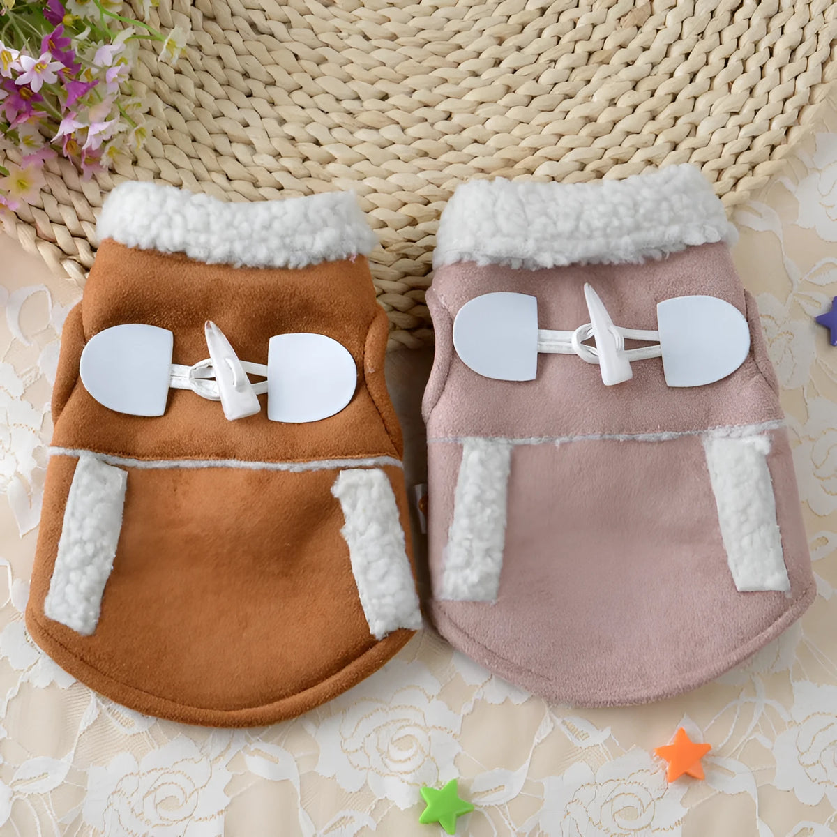 Teddy dog clothes costume in lamb velvet, available in brown or pink, sizes XS to XL.