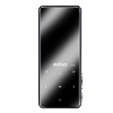 Silver portable MP3 player with a 2.4-inch touchscreen displaying a music playlist.