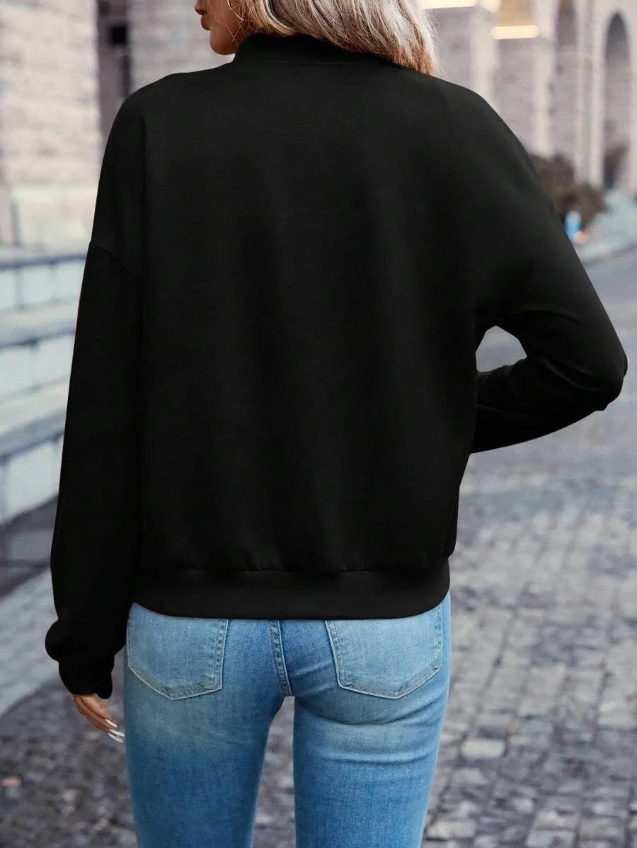 Black women's casual zip jacket with long sleeves in Japanese Korean style
