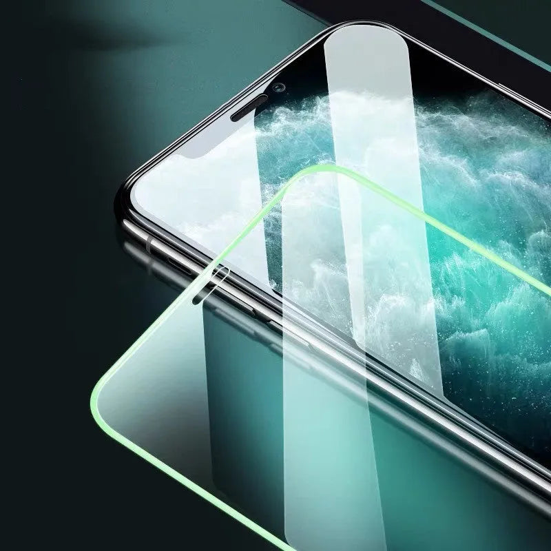 Luminous full cover tempered glass screen protector for iPhone glowing in the dark
