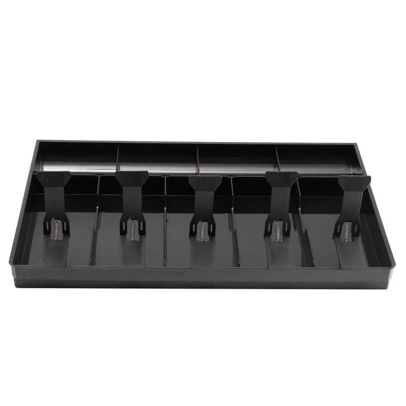 Black and white ABS plastic cash register box with five drawers for banknotes and coins.