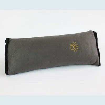 Children car pillow in microsuede fabric attached to a seatbelt, grey colour, 28.5cm by 9cm by 12cm