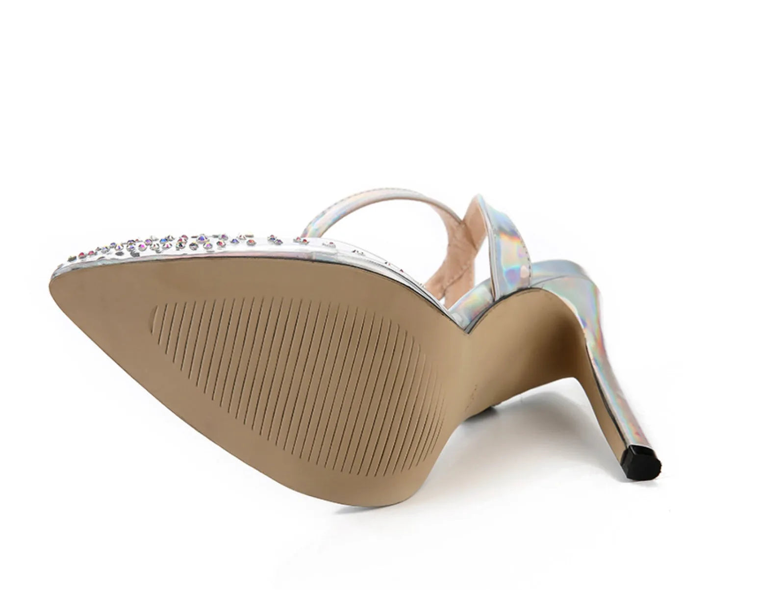Women's pointed toe stiletto sandals with a diamond embellishment on the PVC upper and an adjustable ankle strap.