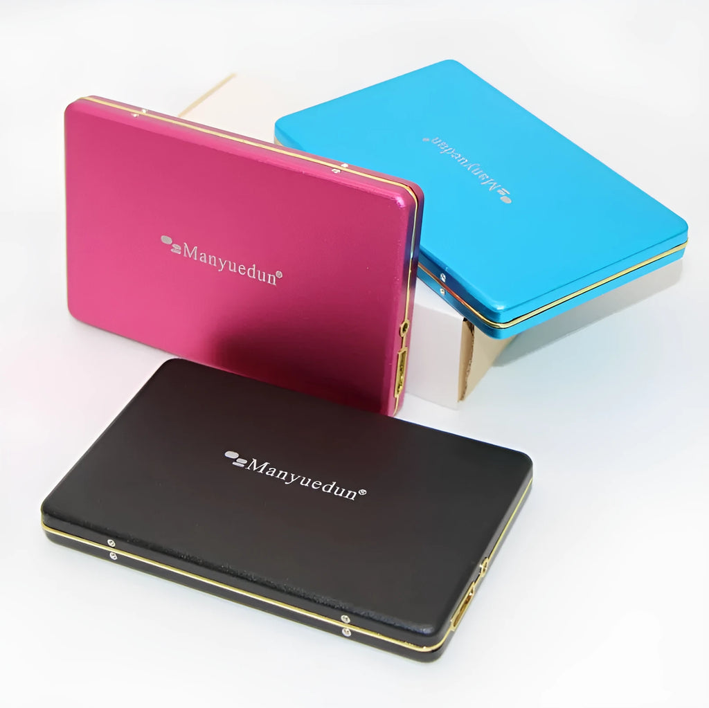 Ultra-thin mobile hard disk with metal shell, black colour, USB 3.0 interface, showing compact 2.5-inch size