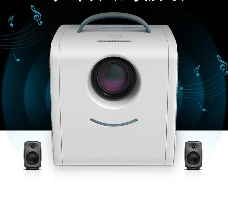 Mini home theater projector with 20-70 inch screen, 15W LED bulb, 12V power, in blue casing on a table