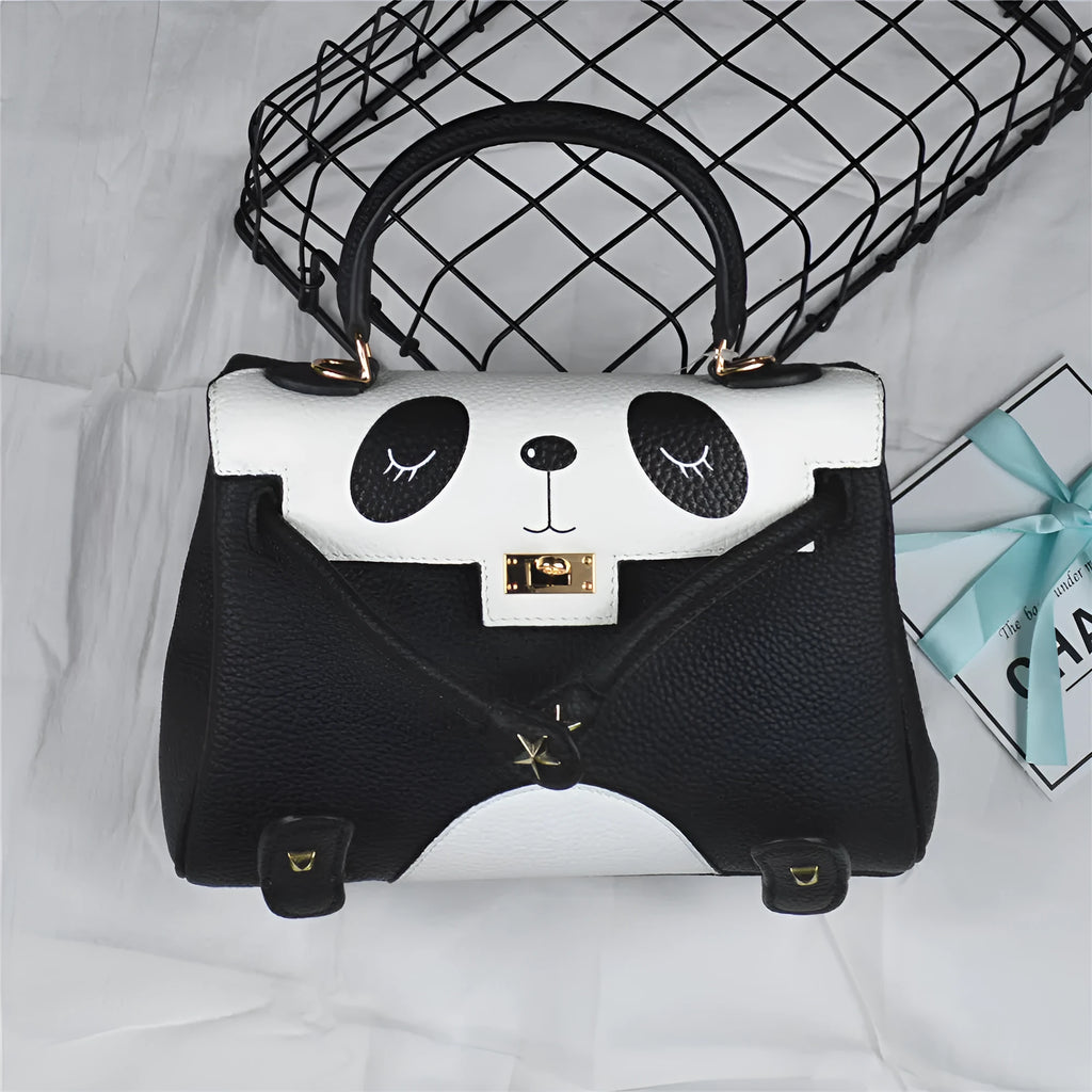 Panda handbag in cow leather with printed animal pattern, horizontal square shape, 20cm size