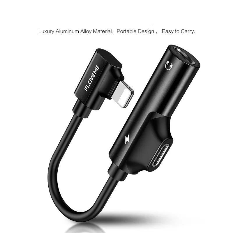 Lighting audio charging splitter adapter black anodised aluminium alloy 5V1A with earphone and charging cable connected
