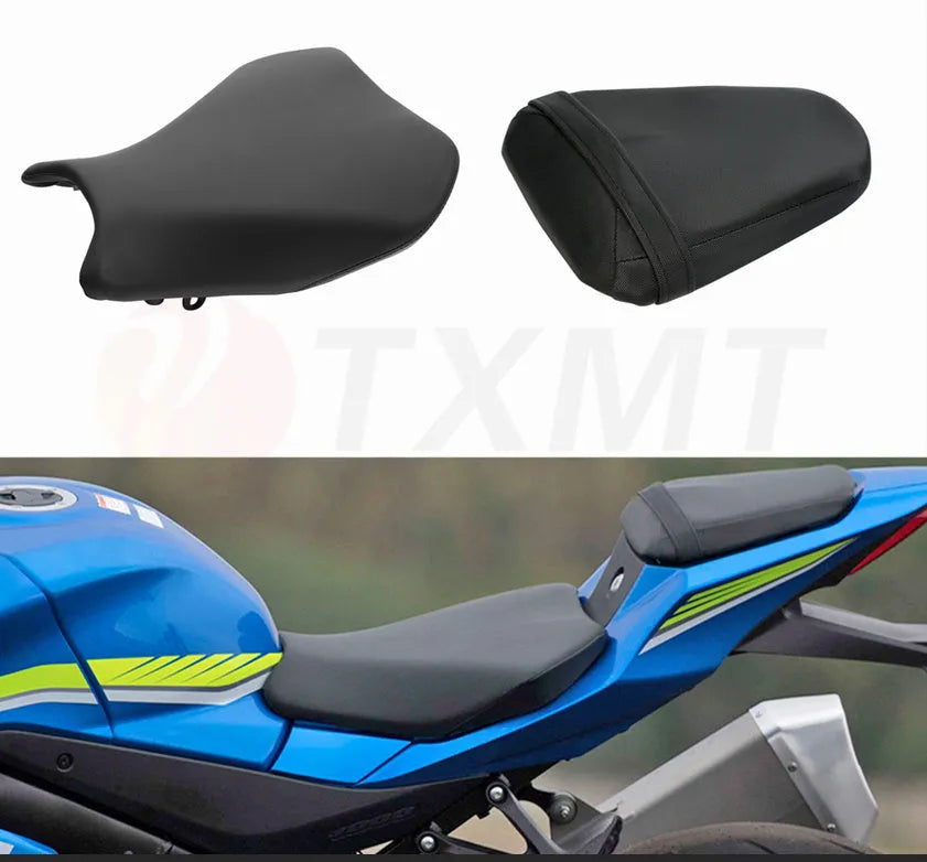Black PU leather seat cover fitted on a Suzuki GSXR1000 motorbike, showing front and rear set.