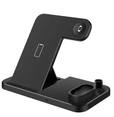 Black 4-in-1 wireless charging dock with phone on adjustable stand, Apple Watch and AirPods on charging modules
