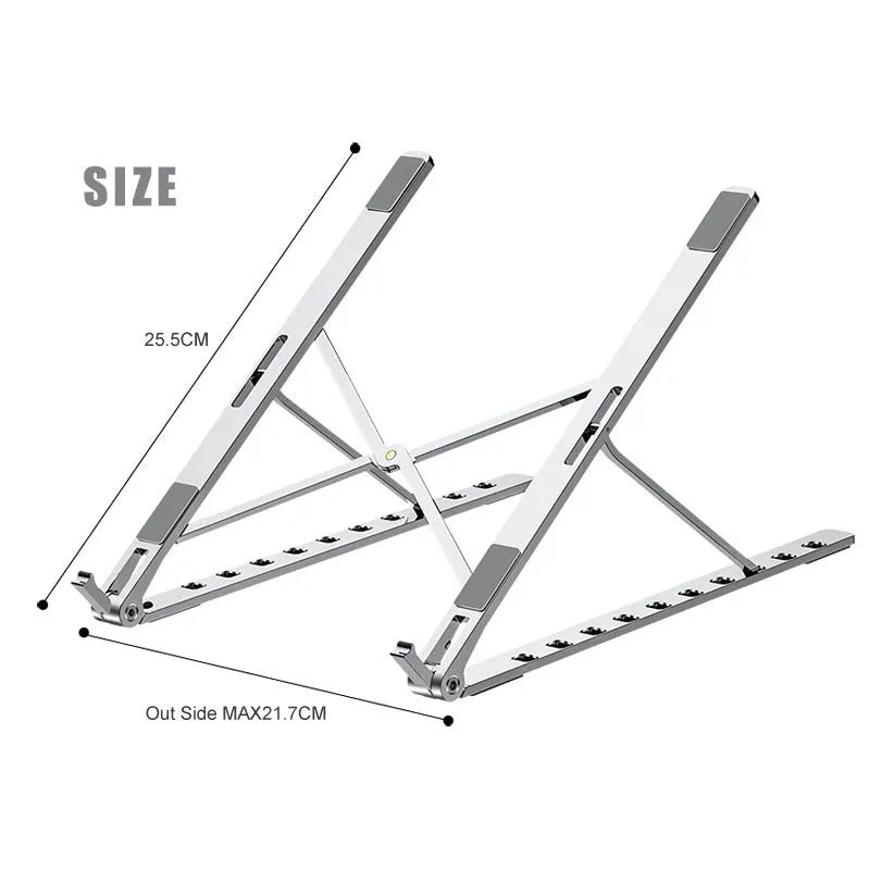 Foldable aluminium laptop stand in silver with silicone pads and cable management slot for 7-15 inch laptops