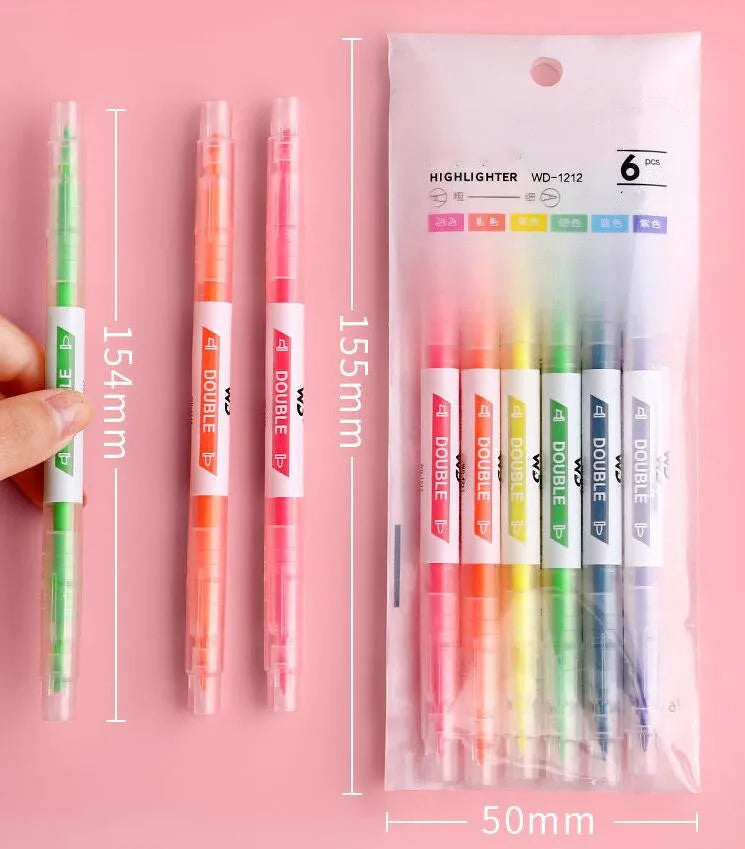Set of six double-headed marker pens showing round and oblique tips in assorted colours