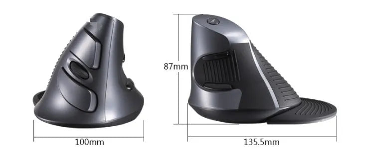 Black M618 wireless vertical ergonomic mouse with USB receiver on a wooden desk.