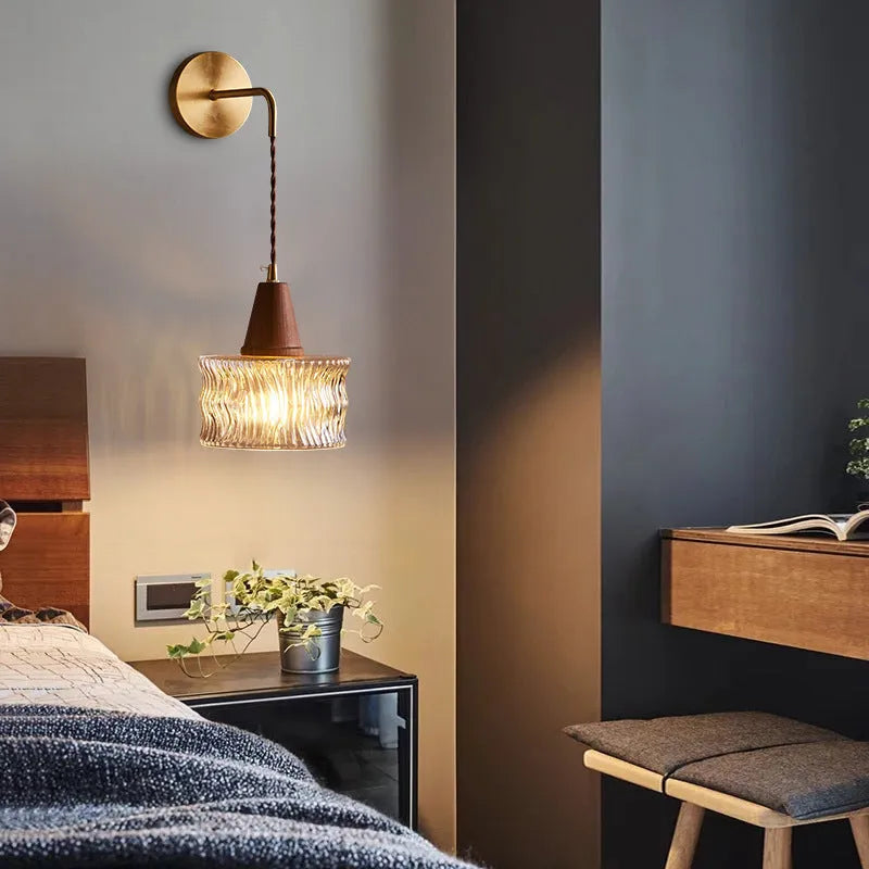 Japanese style walnut wall lamp with glass shade and LED light source, 110-220V, Type B