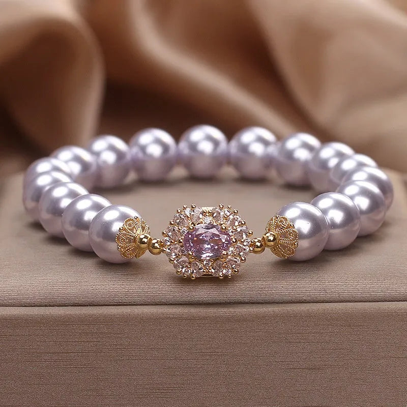 Dreamy purple zircon pearl bracelet with diamond flower design in lavender purple for women